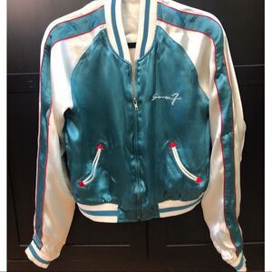 7 for all Mankind Embroidered Tiger Satin Zip-up Bomber Jacket in Aquamarine